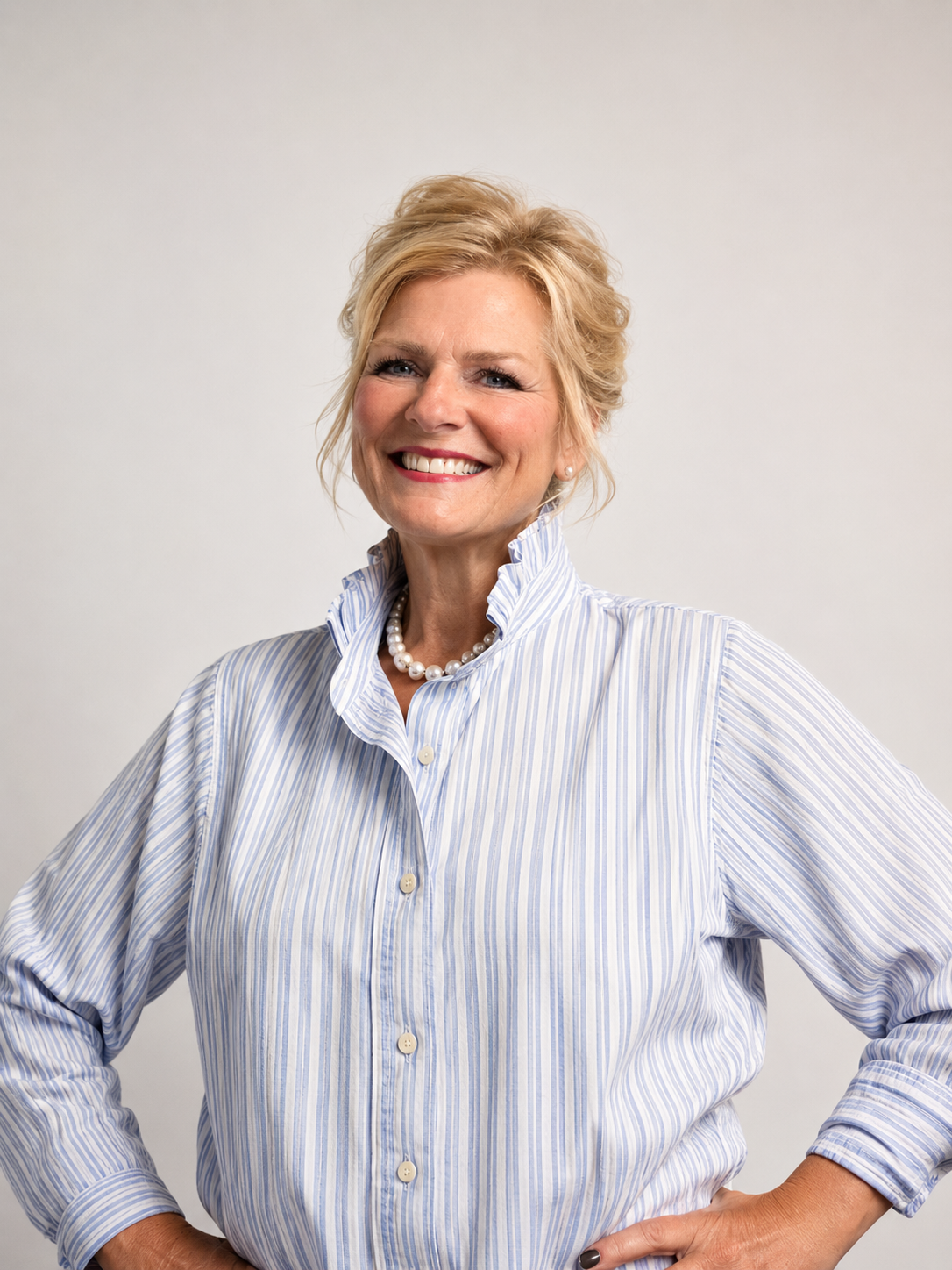 Upcycled Striped Long Sleeve Button Down Shirt with Ruffled Collar