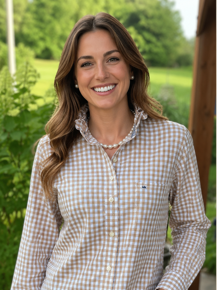 Classic Tan and white gingham with feminine ruffled stand collar