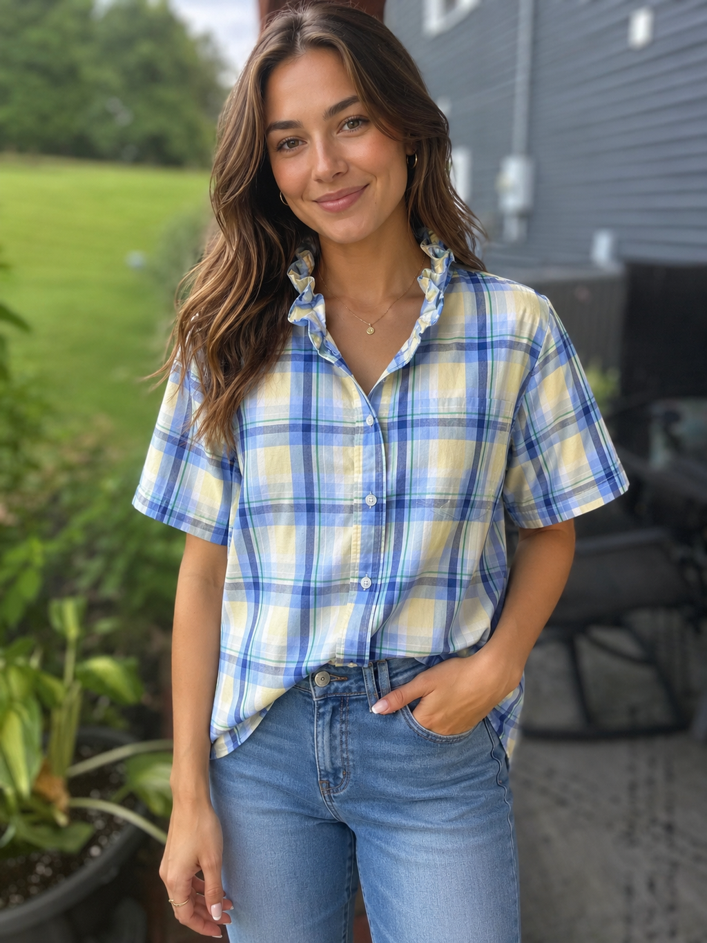 Yellow and Blue plaid ruffle collar shirt