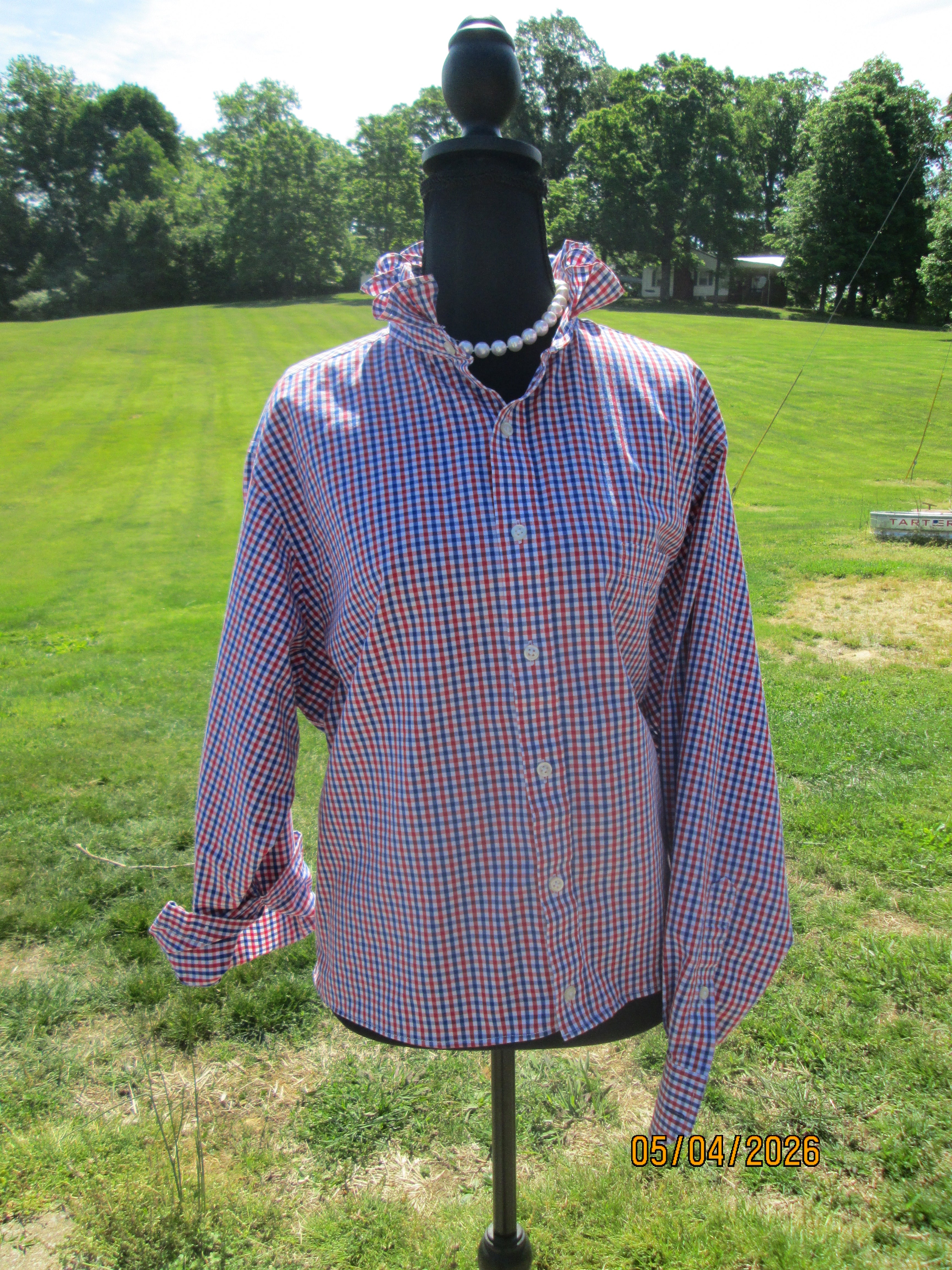 Red, White, and Blue Upcycled Men's Long Sleeve Button Down with Ruffled Collar