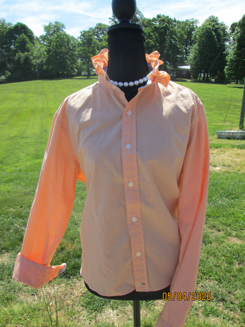 Upcycled Orange and White Long Sleeve Button Down