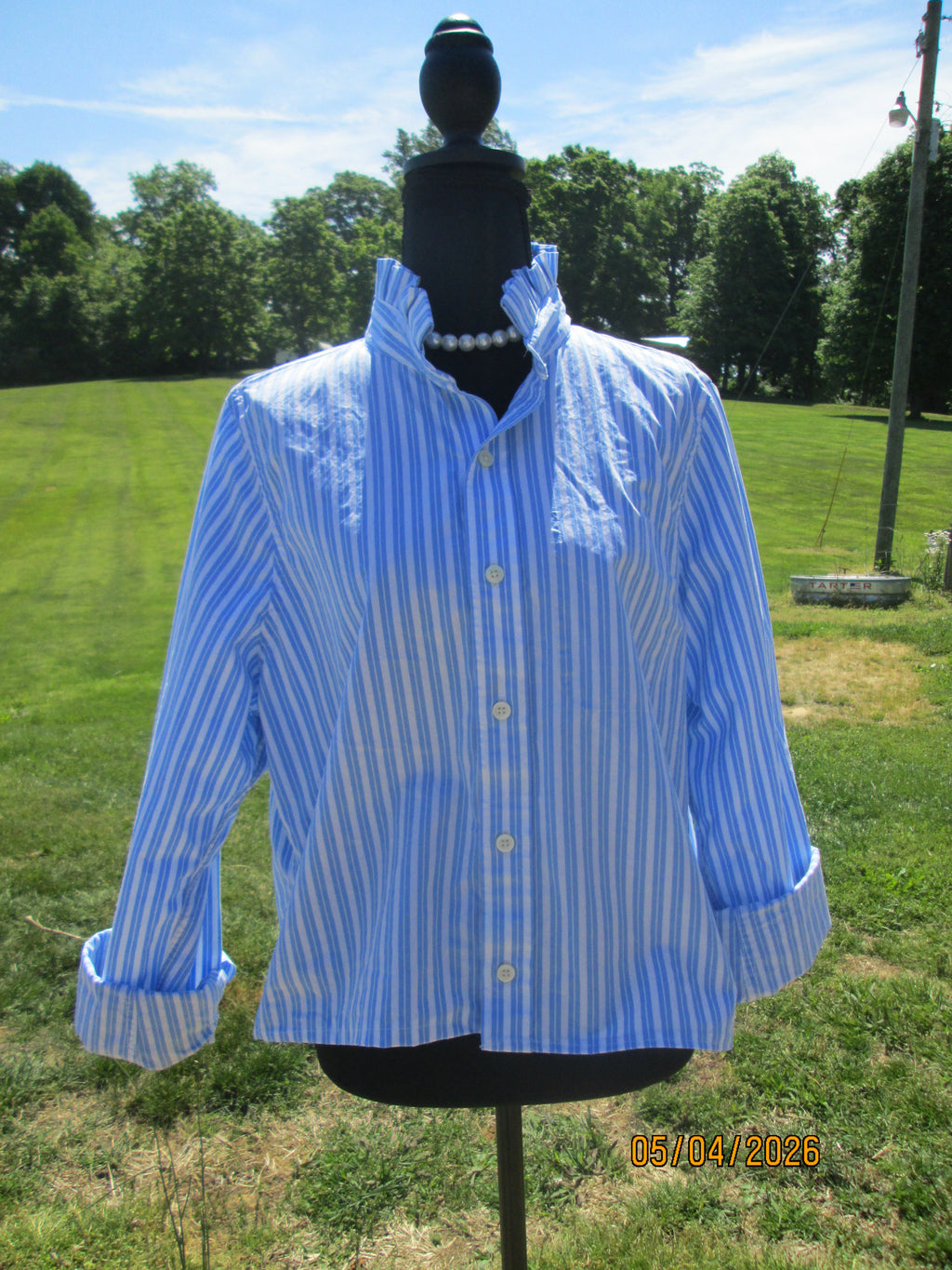 Upcycled Striped Long Sleeve Button Down Shirt with Ruffled Collar