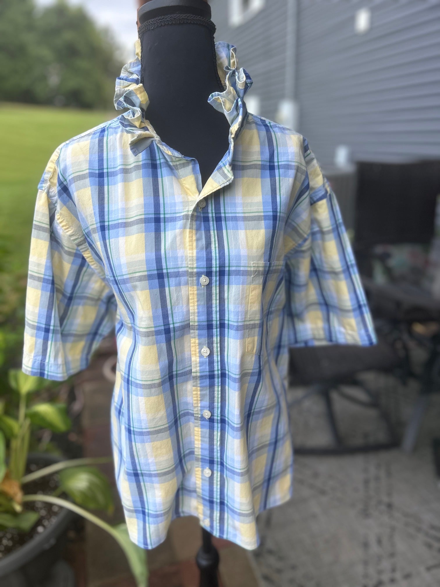 Yellow and Blue plaid ruffle collar shirt