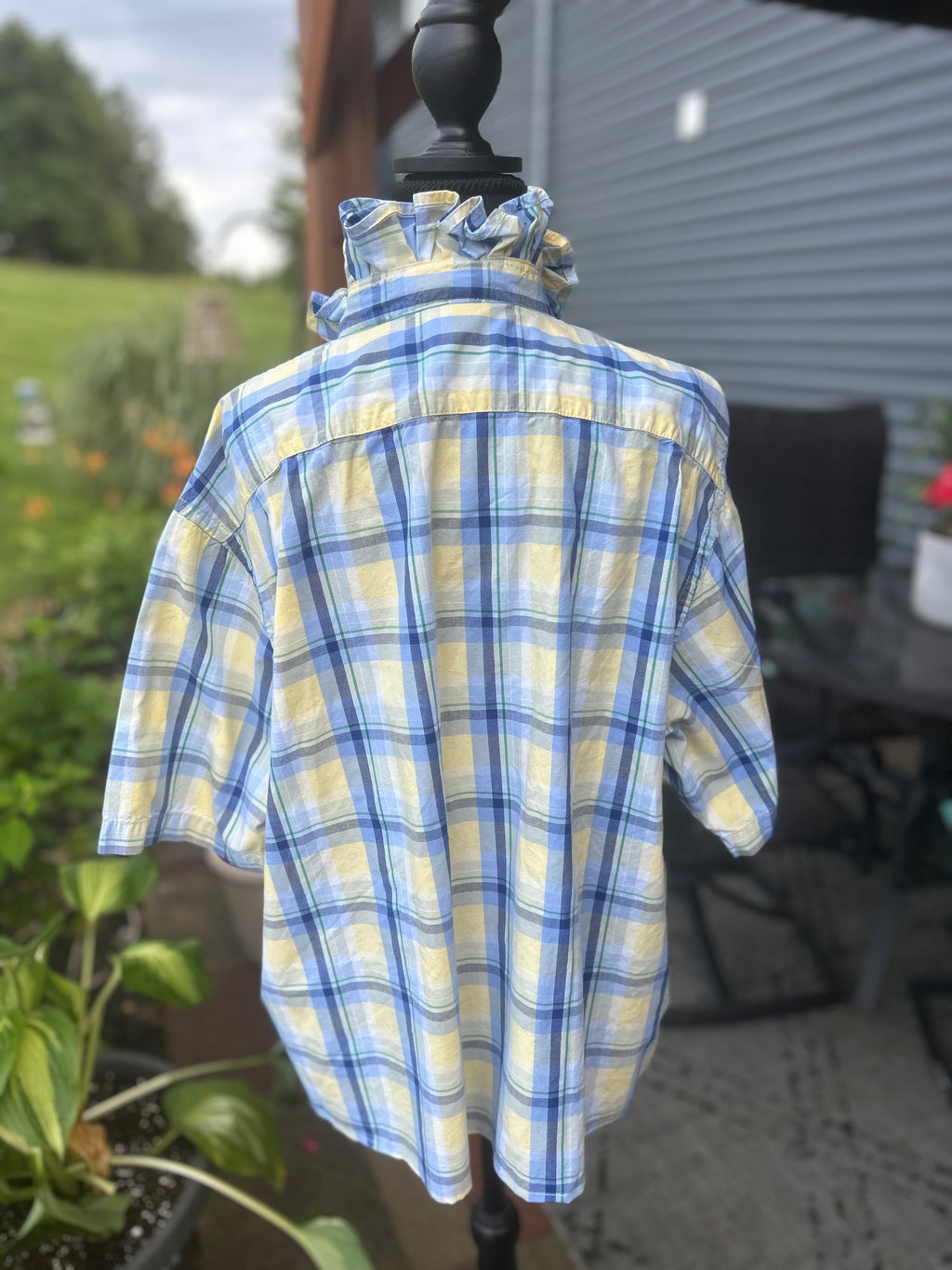 Yellow and Blue plaid ruffle collar shirt