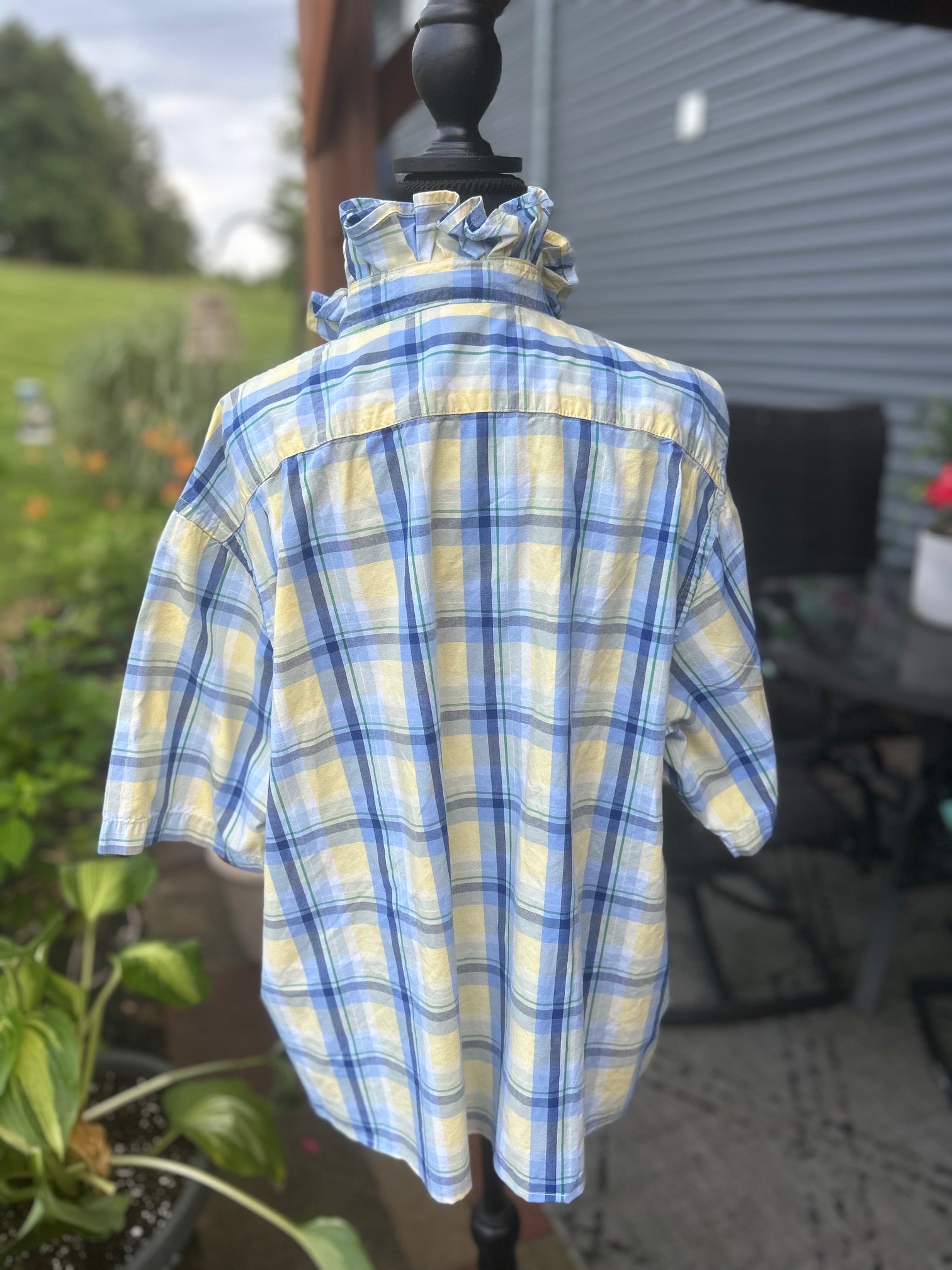 Yellow and Blue plaid ruffle collar shirt