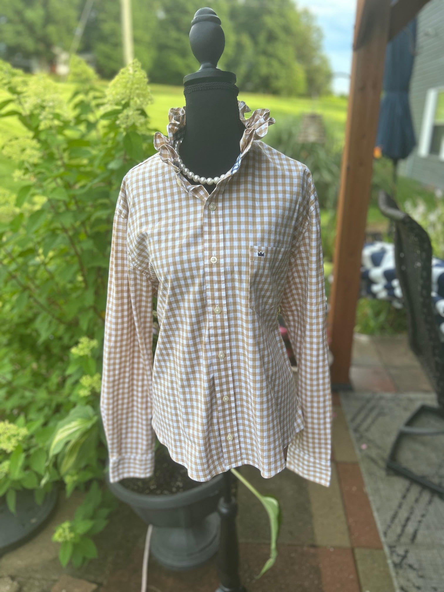 Classic Tan and white gingham with feminine ruffled stand collar
