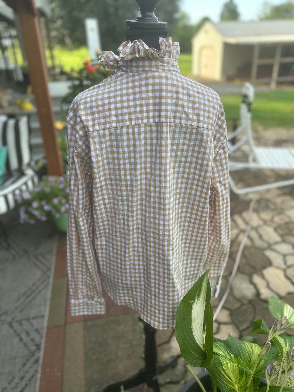Classic Tan and white gingham with feminine ruffled stand collar