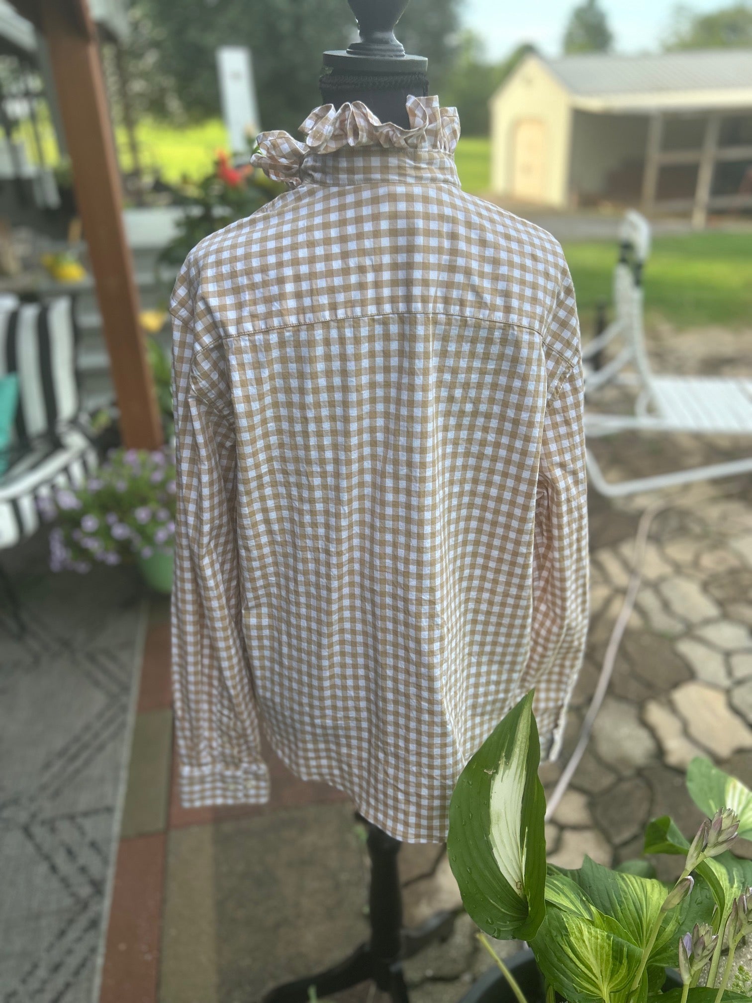 Classic Tan and white gingham with feminine ruffled stand collar