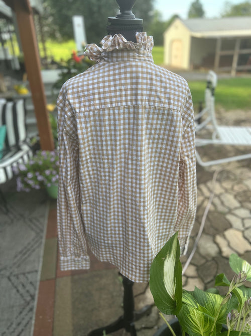 Classic Tan and white gingham with feminine ruffled stand collar
