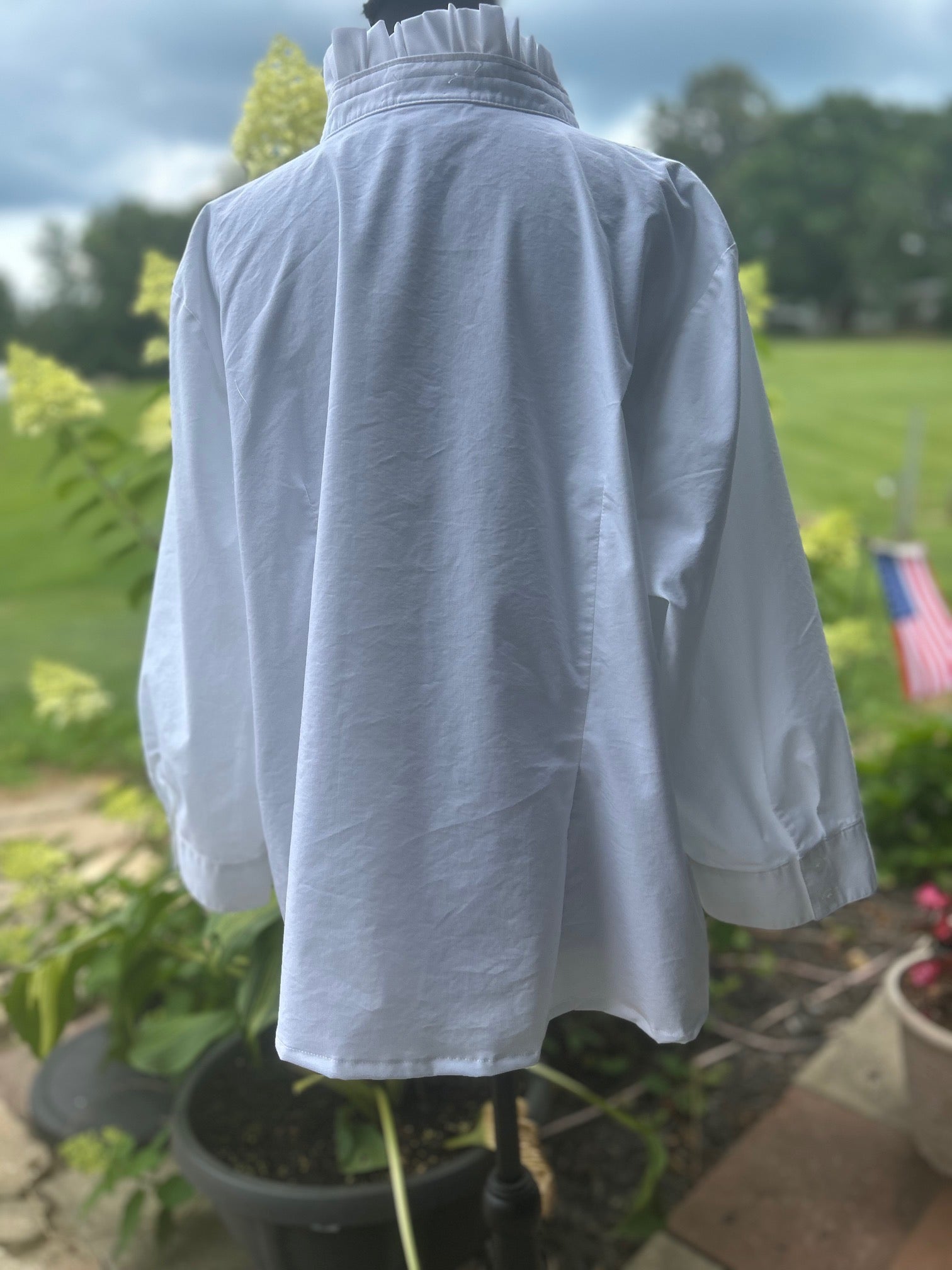 Crisp white cotton blouse with a feminine ruffled stand collar.
