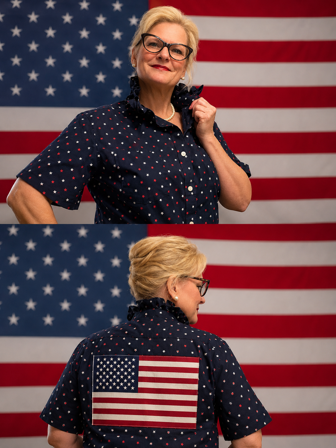 Feminine charm and American style from this upcycled men's short sleeved button down