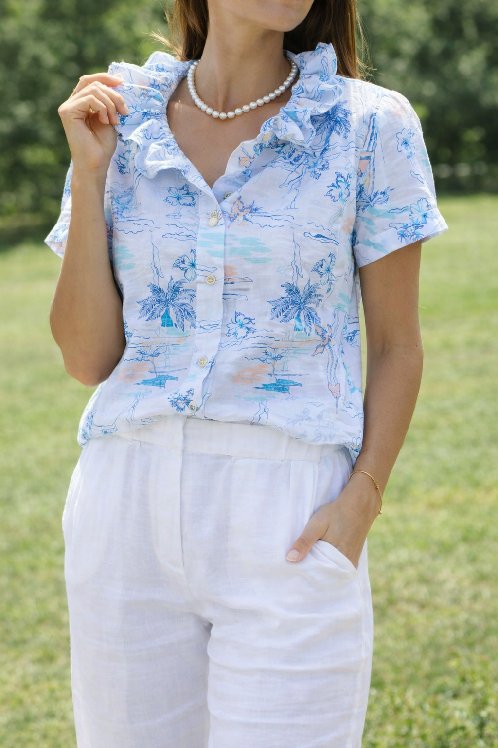 Linen Short Sleeve Button Down with Ruffled Collar