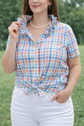 Upcycled Men's short sleeved button down with ruffled collar