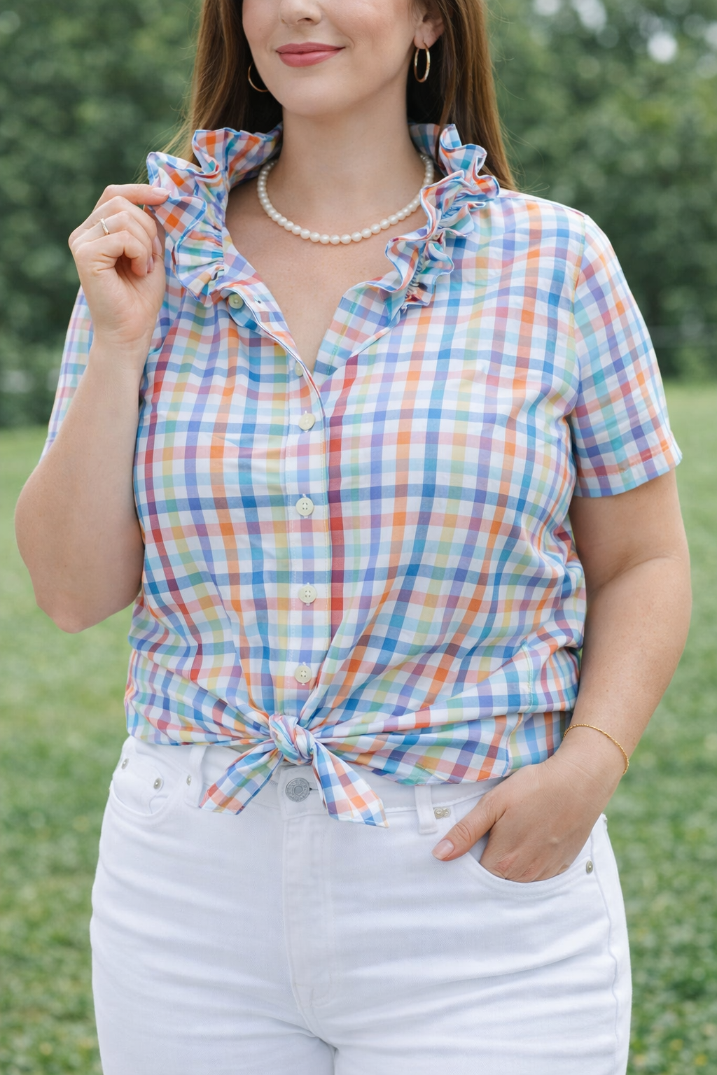 Upcycled Men's short sleeved button down with ruffled collar