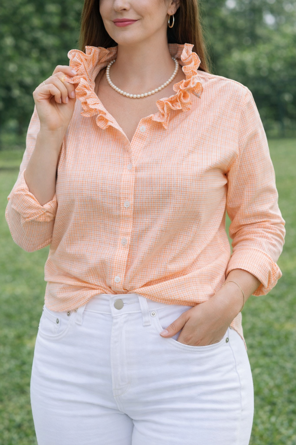Upcycled Orange and White Long Sleeve Button Down