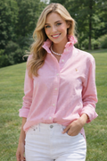 Upcycled Pink Button Down with Ruffled Collar