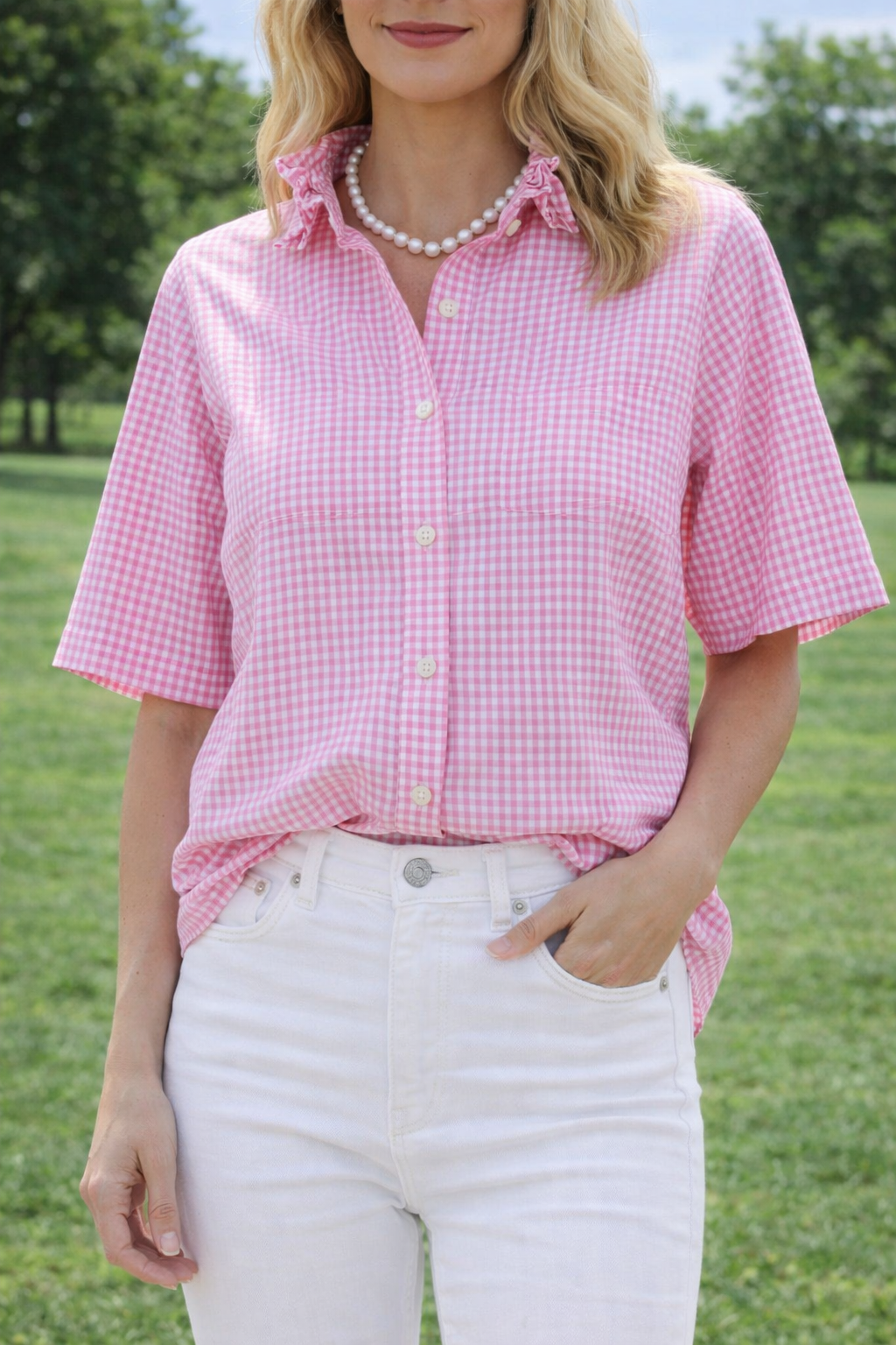 Upcycled Short Sleeve Gingham Button Down
