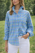 Upcycled Plaid Long Sleeve Button Down with Ruffled Collar