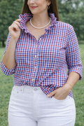 Red, White, and Blue Upcycled Men's Long Sleeve Button Down with Ruffled Collar