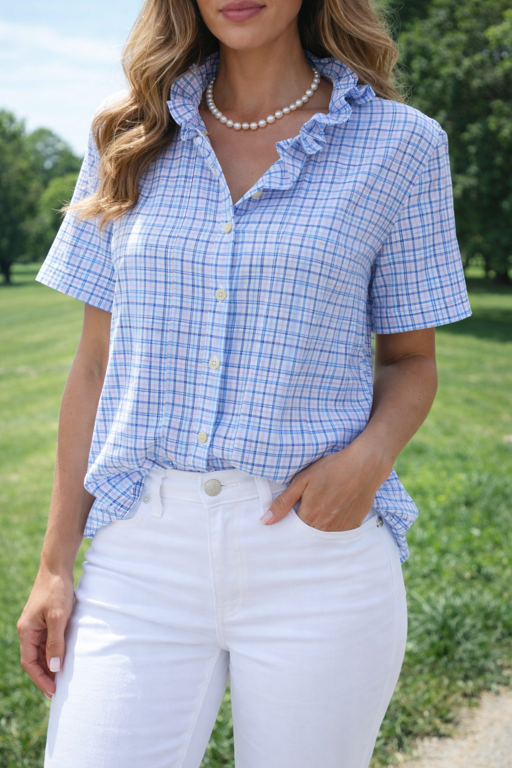 Upcycled Short Sleeve Button Down with Pleated collar