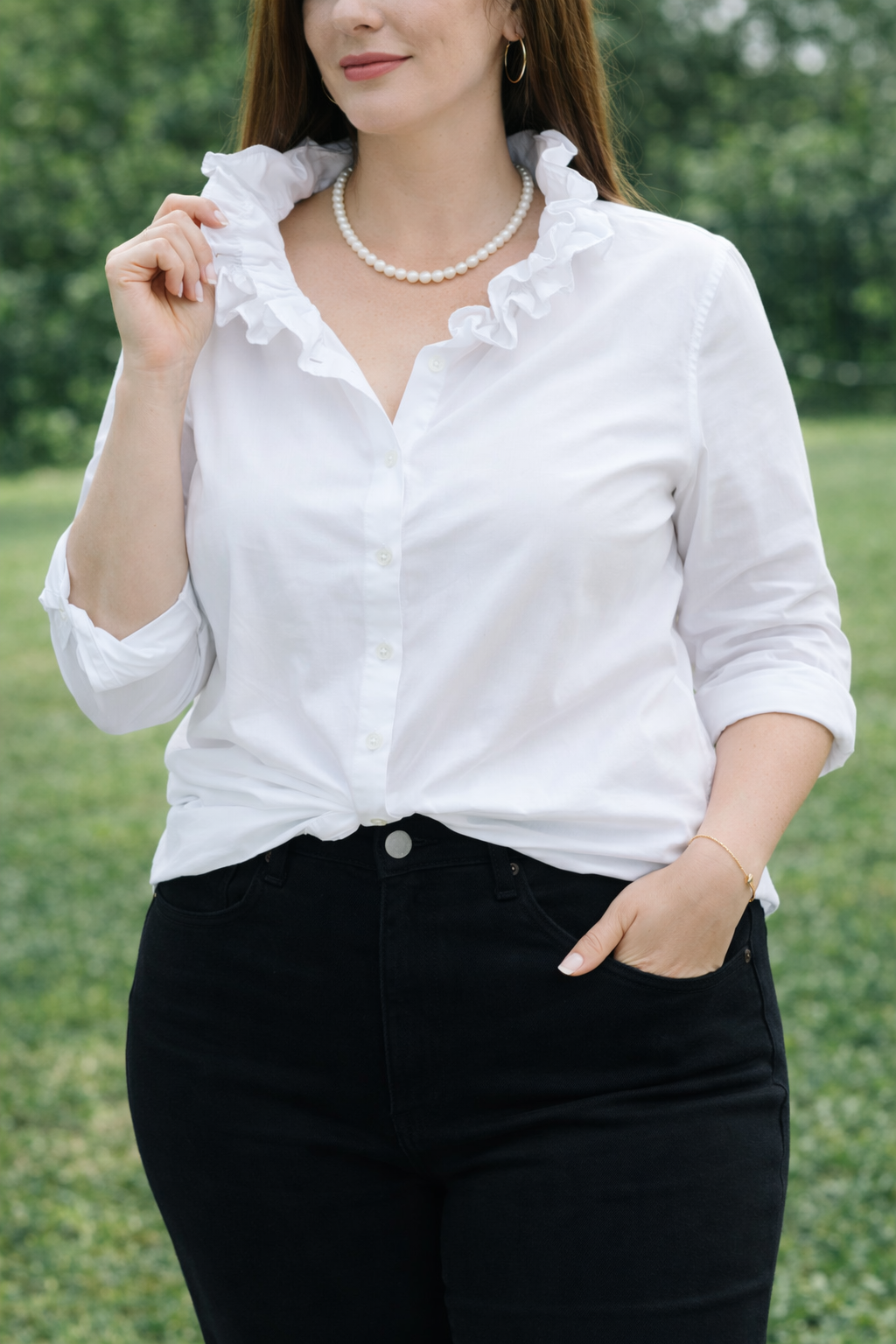 Upcycled White Long Sleeve Button Down with Ruffled Collar
