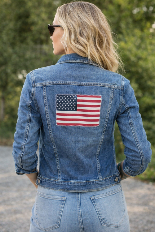 Long Sleeve Denim Jacket with American Flag